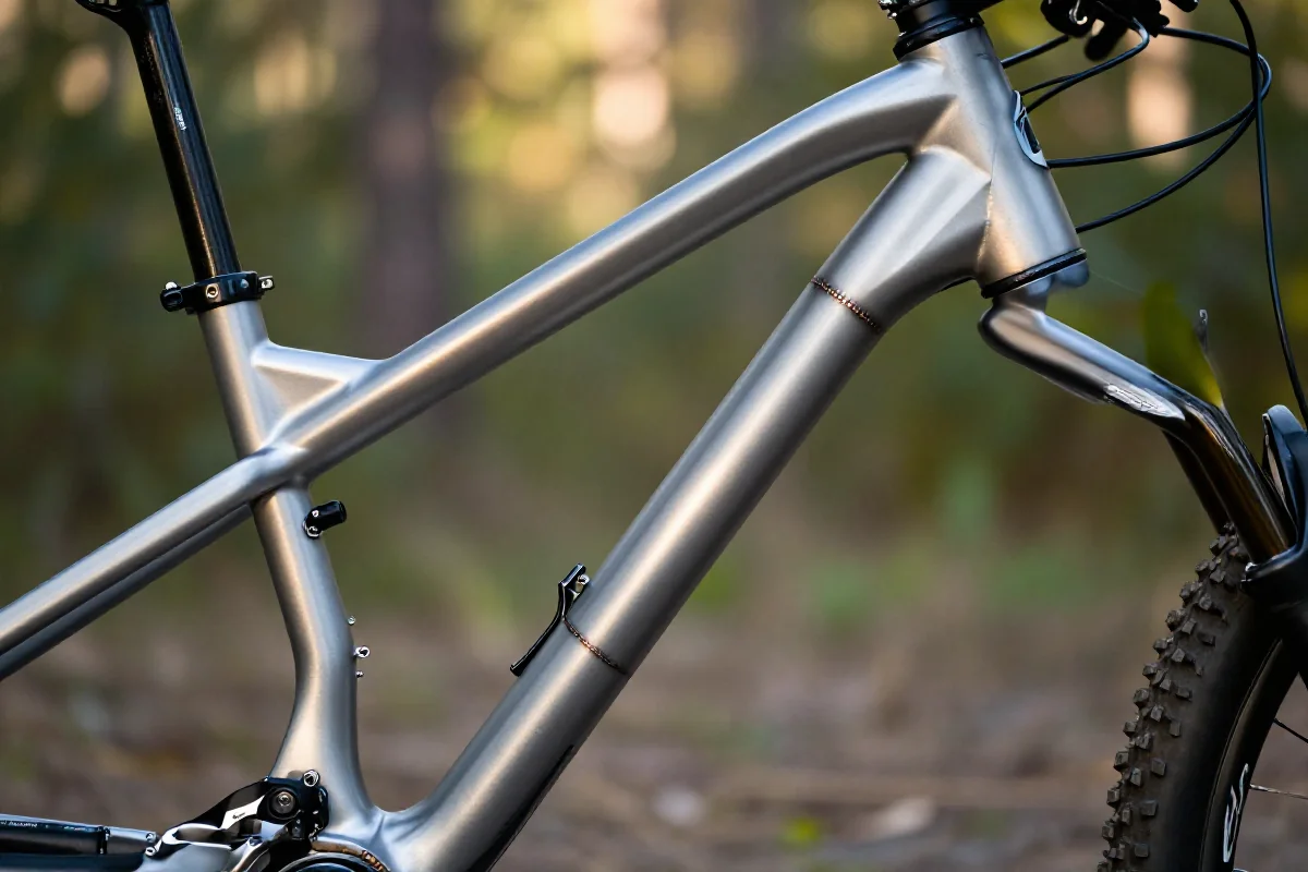 Rama roweru górskiego z aluminium w naturalnym otoczeniu.