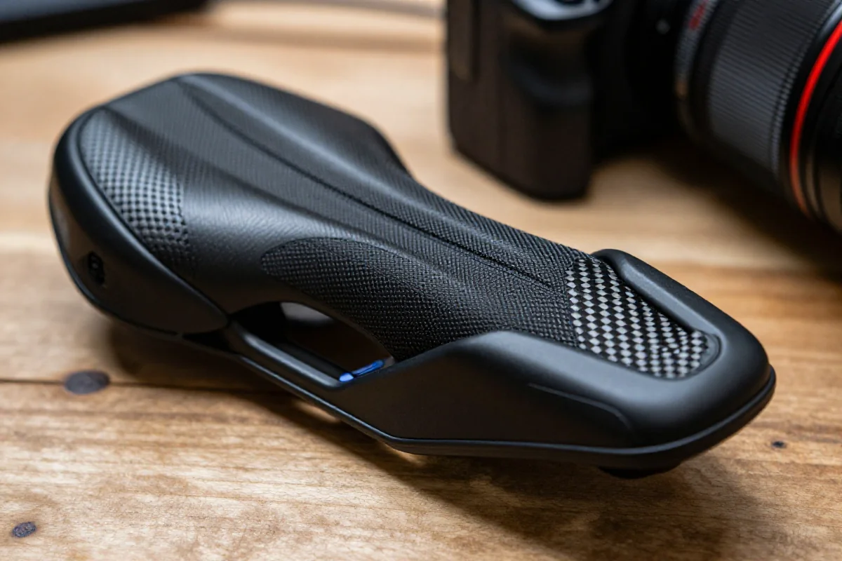 Zbliżenie na siodełko MTB z różnymi materiałami i wyściółką