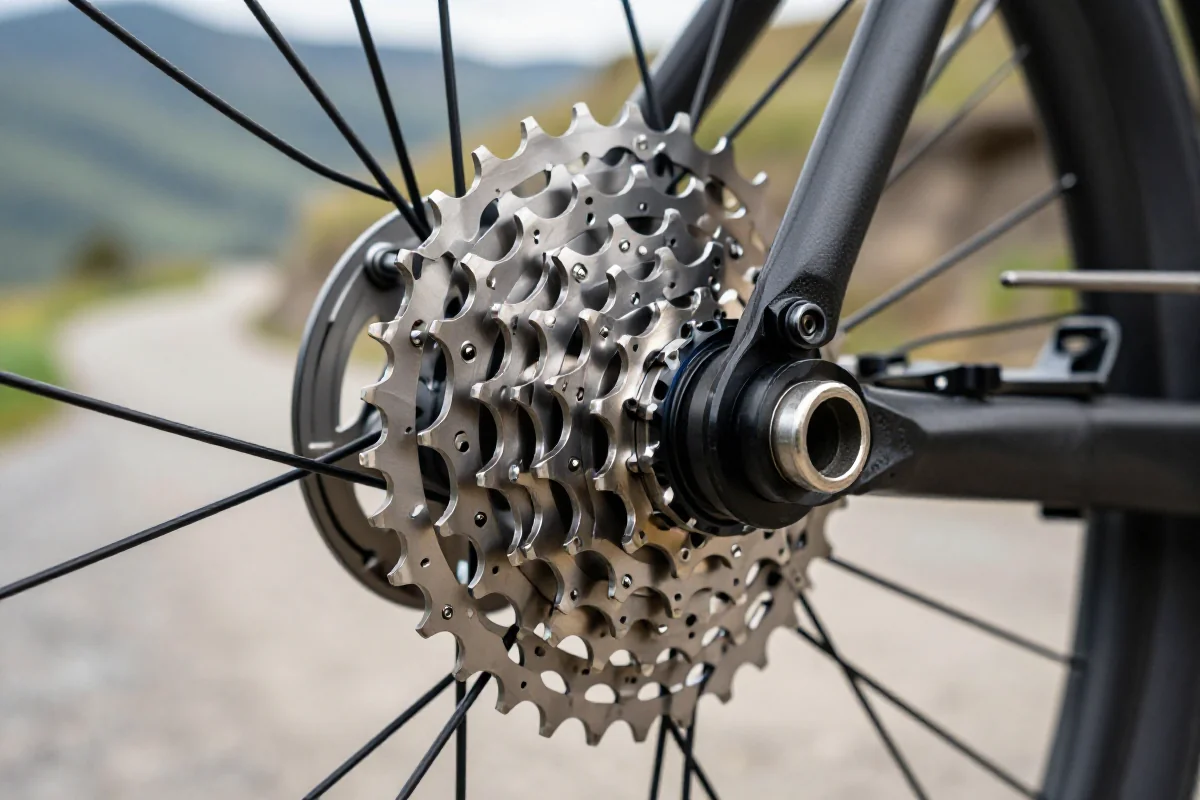 Szczegółowe zdjęcie stalowej kasety rowerowej z zębami i teksturą metalu.