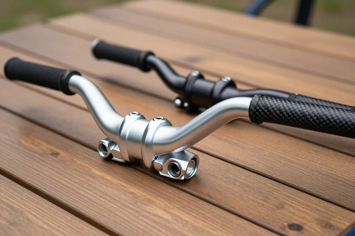 Blisko zdjęcie kierownic MTB z aluminium i włókna węglowego na stole.