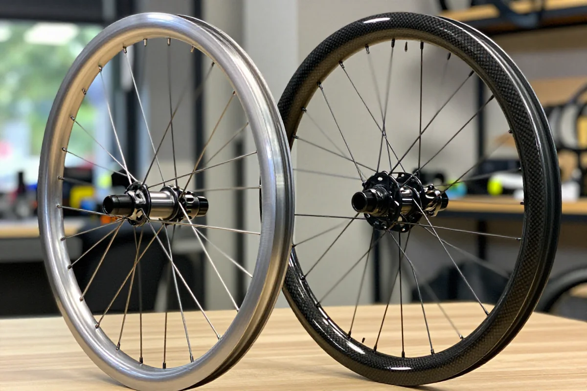 Zbliżenie na obręcze aluminiowe i karbonowe w warsztacie rowerowym.