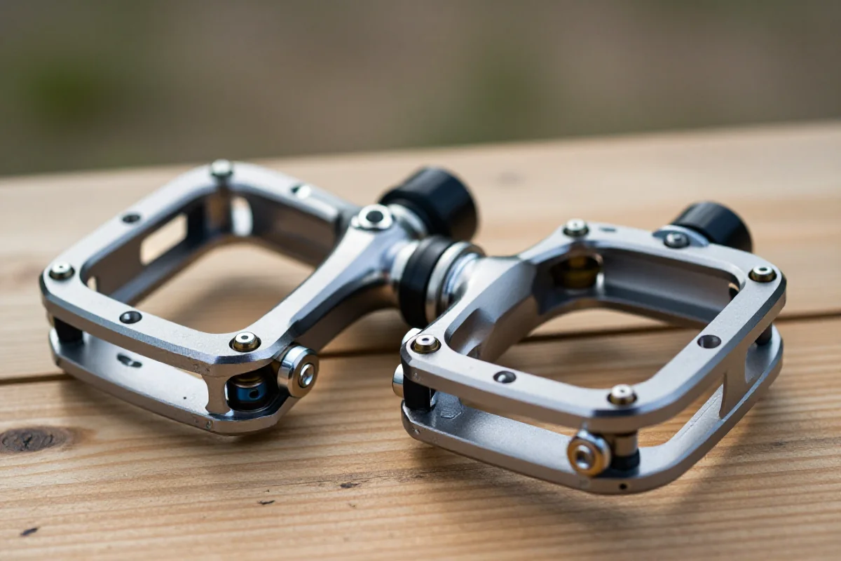 Detale aluminiowych pedałów platformowych MTB na tle drewnianym.