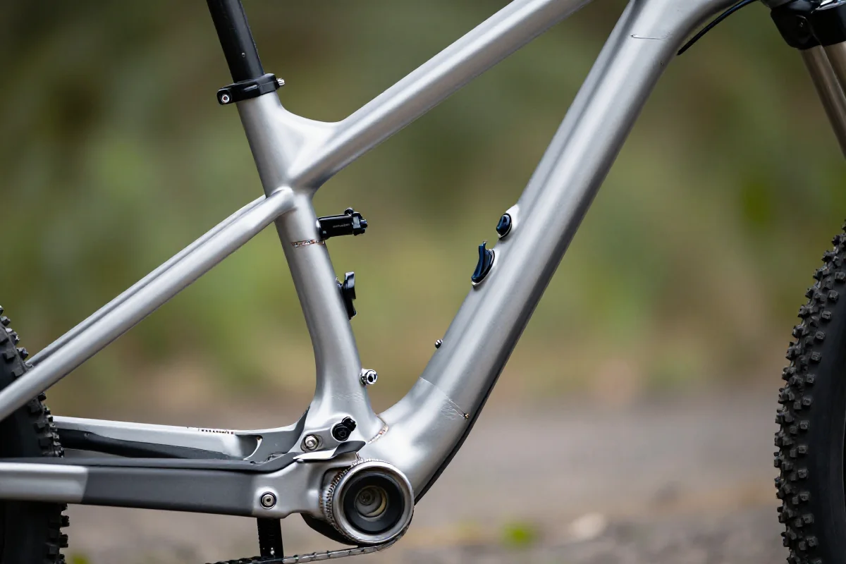 Zbliżenie na ramę roweru górskiego z aluminium, ukazujące szczegóły materiału.