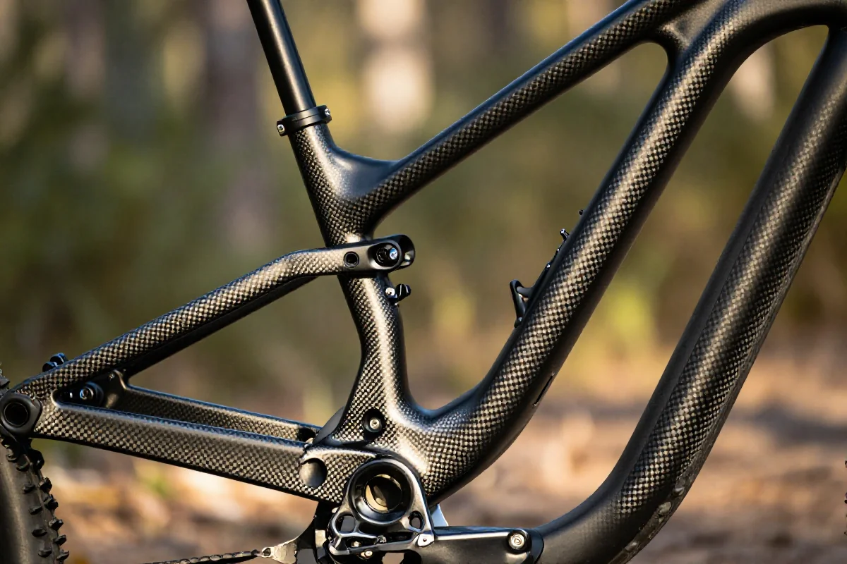 Współczesna rama roweru MTB z karbonu w naturalnym otoczeniu.