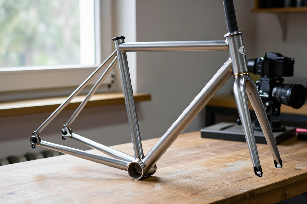 Stalowa rama rowerowa z detalami spawów w dobrze oświetlonym warsztacie