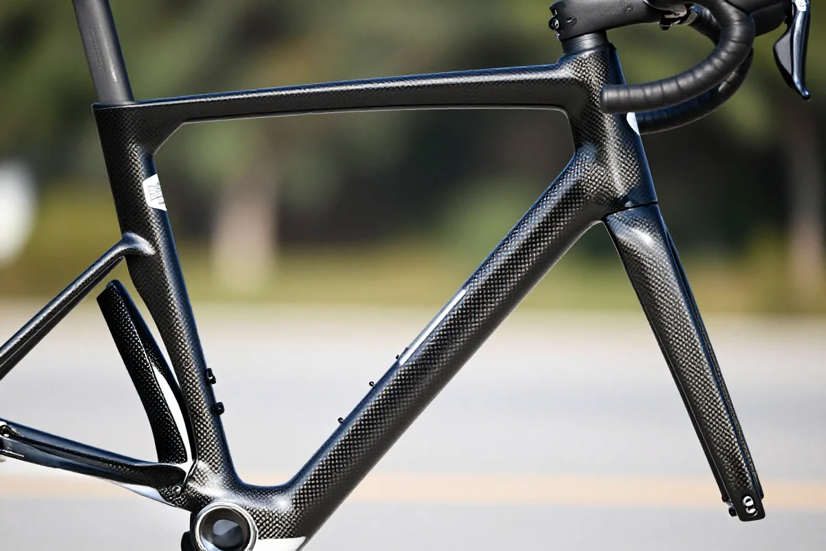 Zbliżenie na ramę roweru szosowego z włókna węglowego, ukazujące detale materiału.