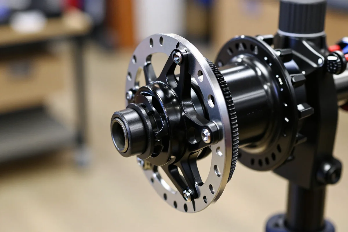 Zbliżenie mechanizmu zapadkowego w piaście MTB, ukazujące szczegóły pawl i ratchet.