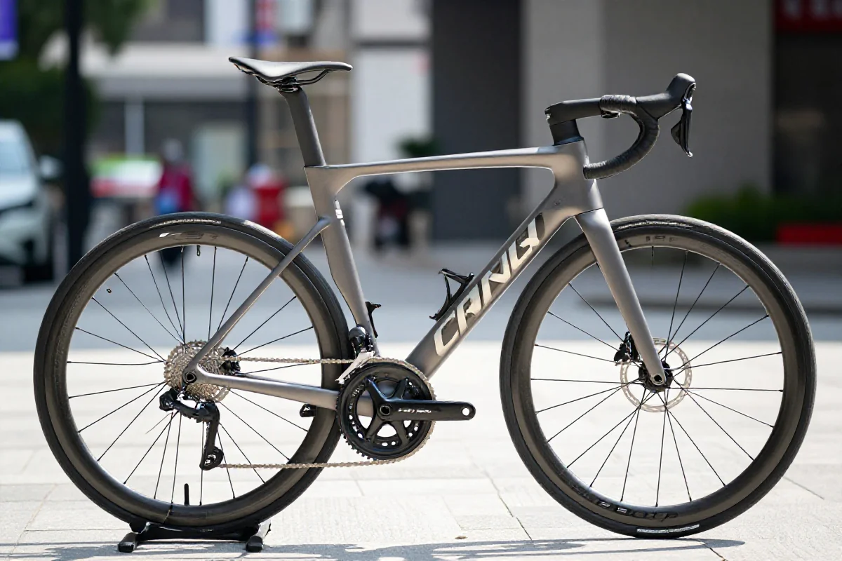 Nowoczesny rower szosowy na tle miejskim, ukazujący szczegóły technologiczne.