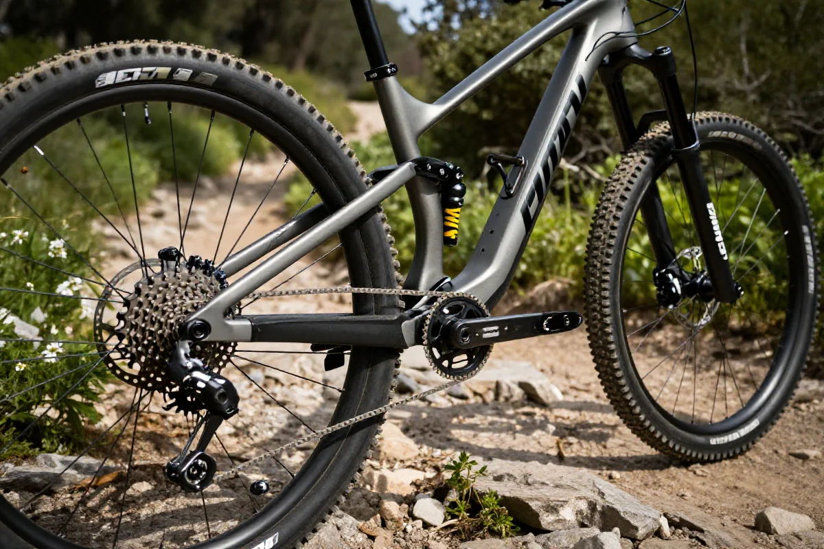 Szczegółowy widok roweru górskiego na szlaku, ukazujący elementy techniczne.