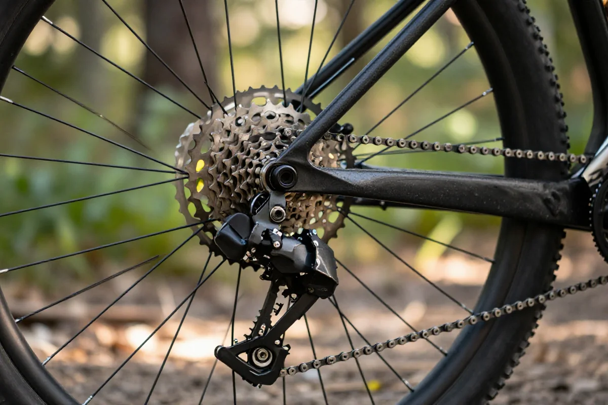 Szczegółowy widok systemu przerzutek w rowerze górskim