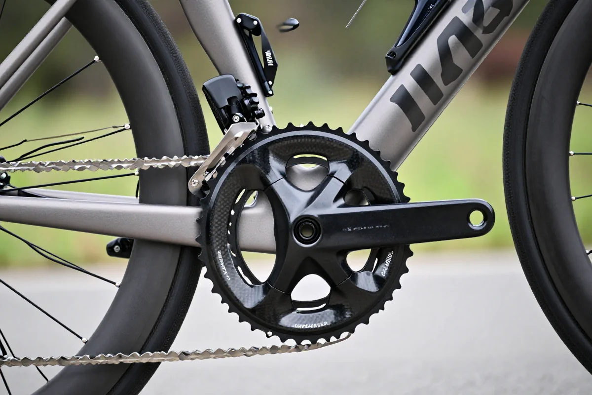 Miernik mocy na korbie roweru szosowego, szczegóły techniczne i akcesoria.