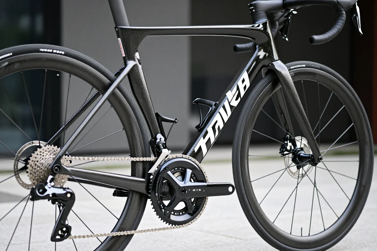 Szczegółowy widok na ramę roweru szosowego, ukazujący elementy techniczne i wydajność.
