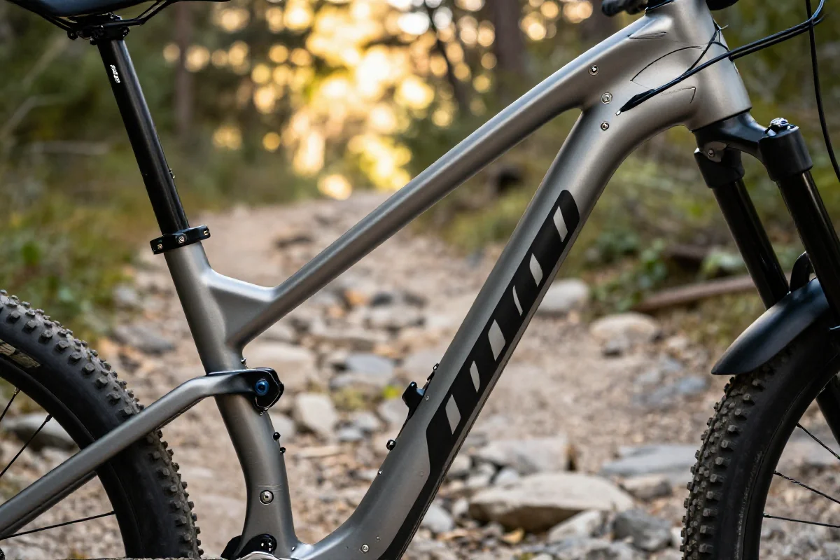 Zbliżenie na ramę roweru górskiego na skalistej ścieżce w lesie.