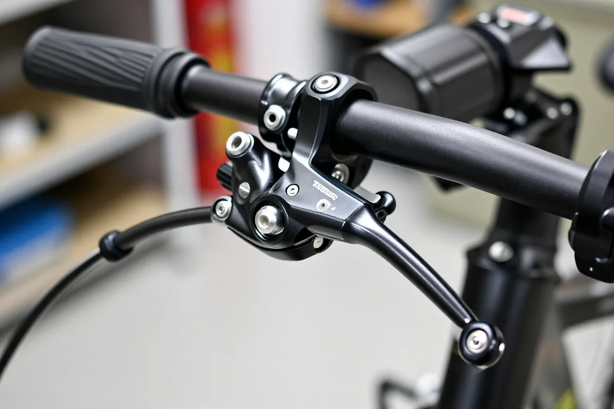 Szczegółowy widok na dźwignię hamulca hydraulicznego i jej komponenty.