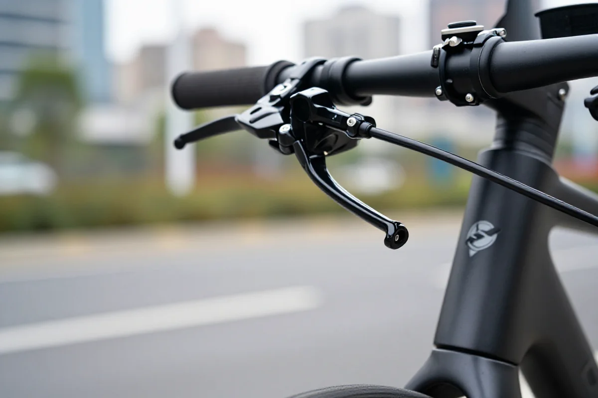 Zbliżenie dźwigni hamulca hydraulicznego na rowerze miejskim, detal techniczny.