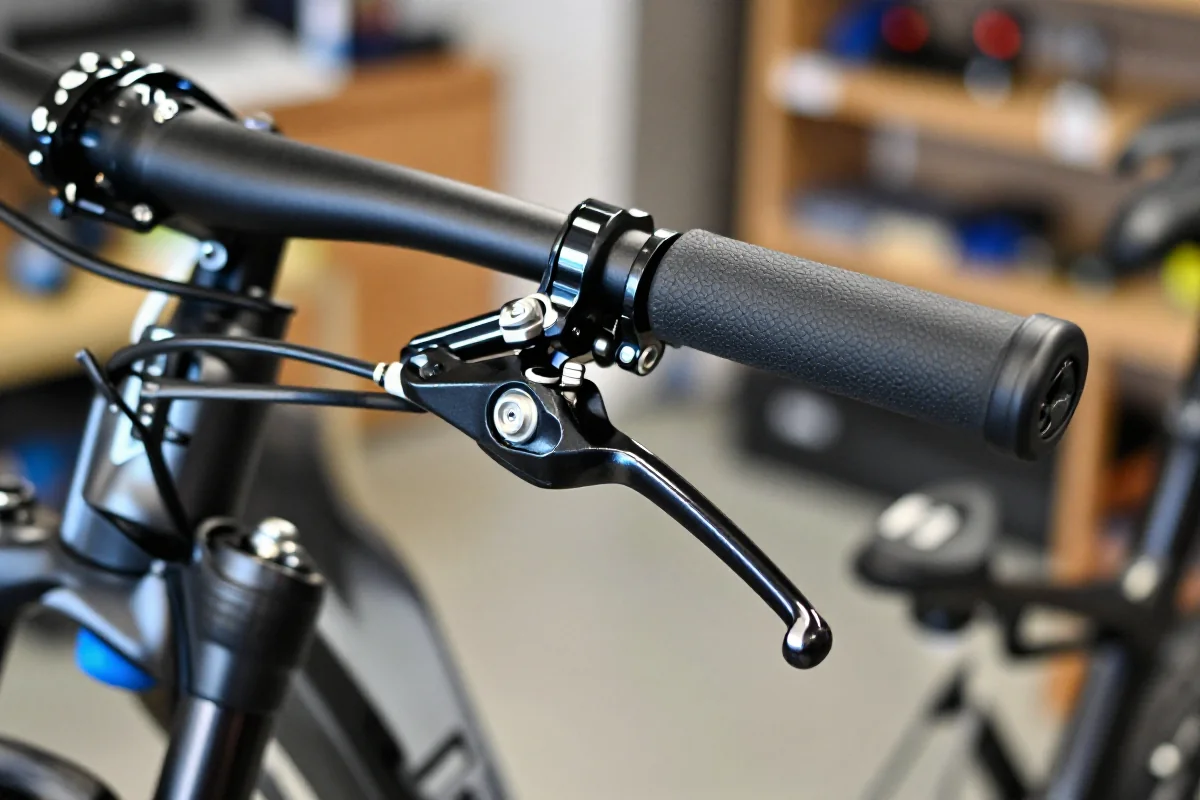 Zbliżenie na dźwignię hamulca hydraulicznego w rowerze górskim.