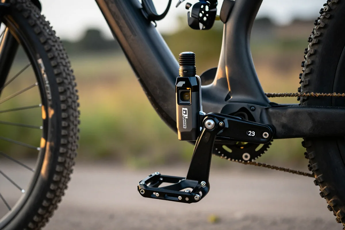 Miernik mocy rowerowego pedału MTB z widocznymi detalami i sensorami.