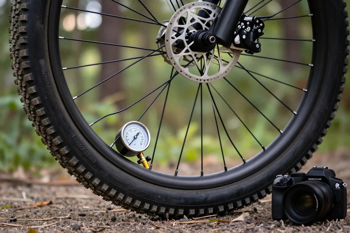 Szczegóły koła roweru górskiego z podkreśleniem opony i ciśnienia.