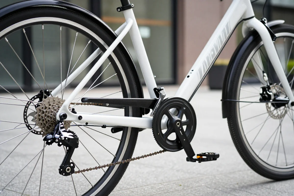 Przegląd roweru miejskiego, szczegóły ramy i komponentów w dobrym stanie.