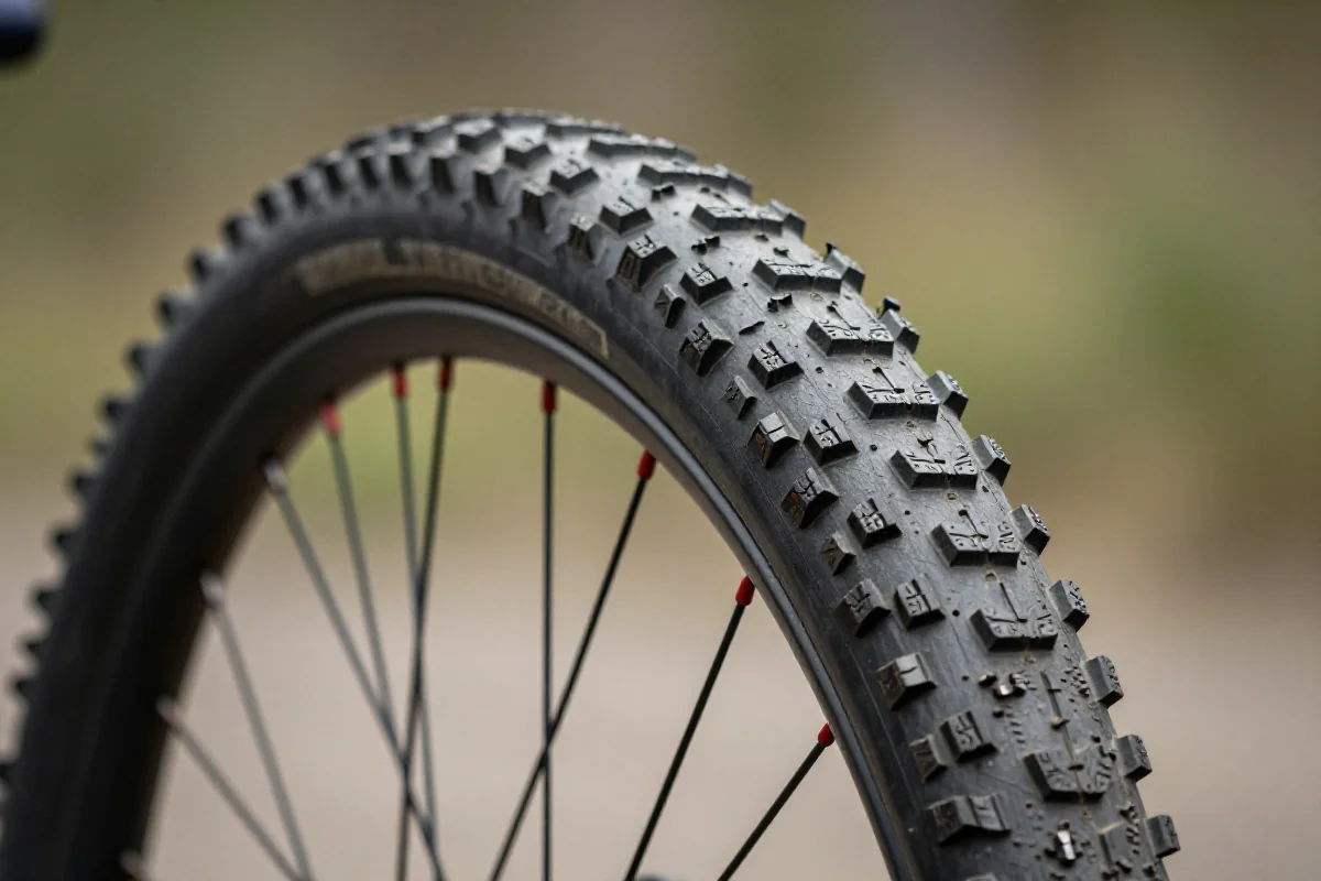 Szczegółowe zdjęcie opony roweru górskiego ukazujące twardość gumy i konstrukcję.