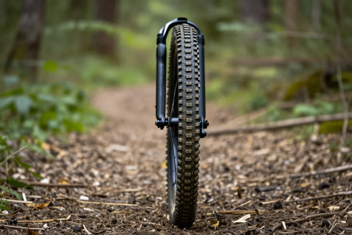 Opona jednoskładnikowa MTB na leśnym szlaku, z widocznym bieżnikiem.