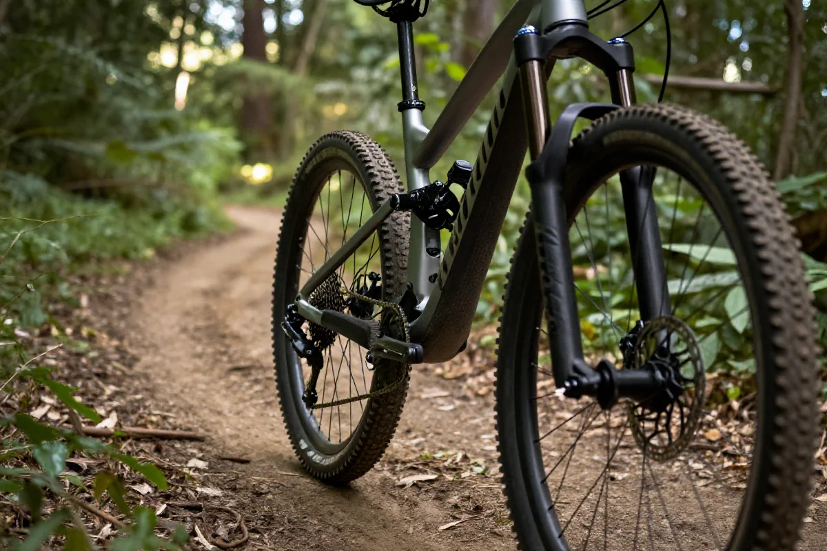 Szczegóły roweru górskiego na szlaku, etykieta mijania użytkowników szlaku.