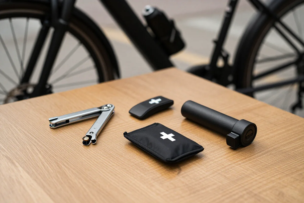 Minimalistyczny zestaw EDC dla rowerów elektrycznych na drewnianym stole.