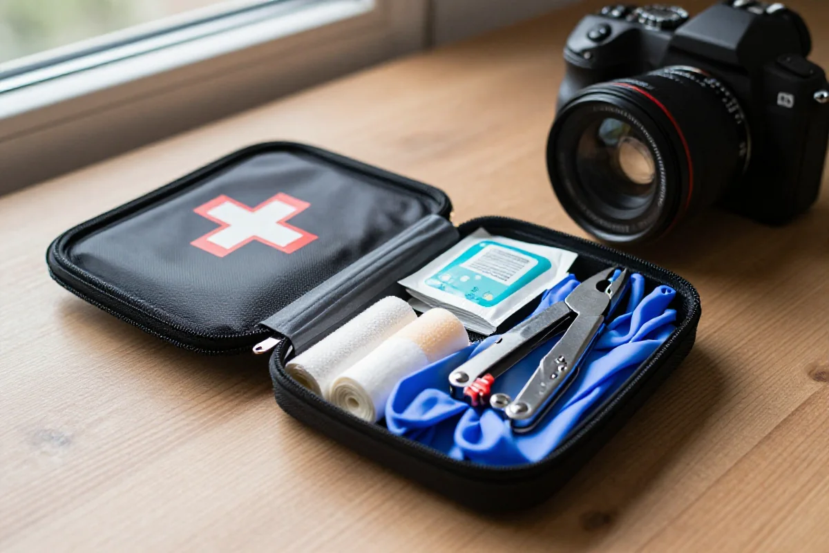 Minimalistyczny zestaw awaryjny dla rowerzystów z apteczką i narzędziem wielofunkcyjnym.