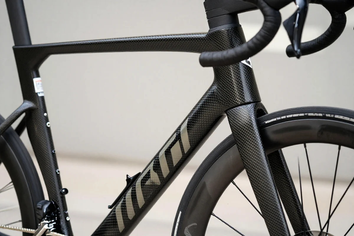 Zbliżenie na ramę roweru szosowego z włókna węglowego, prezentujące detale konstrukcji.