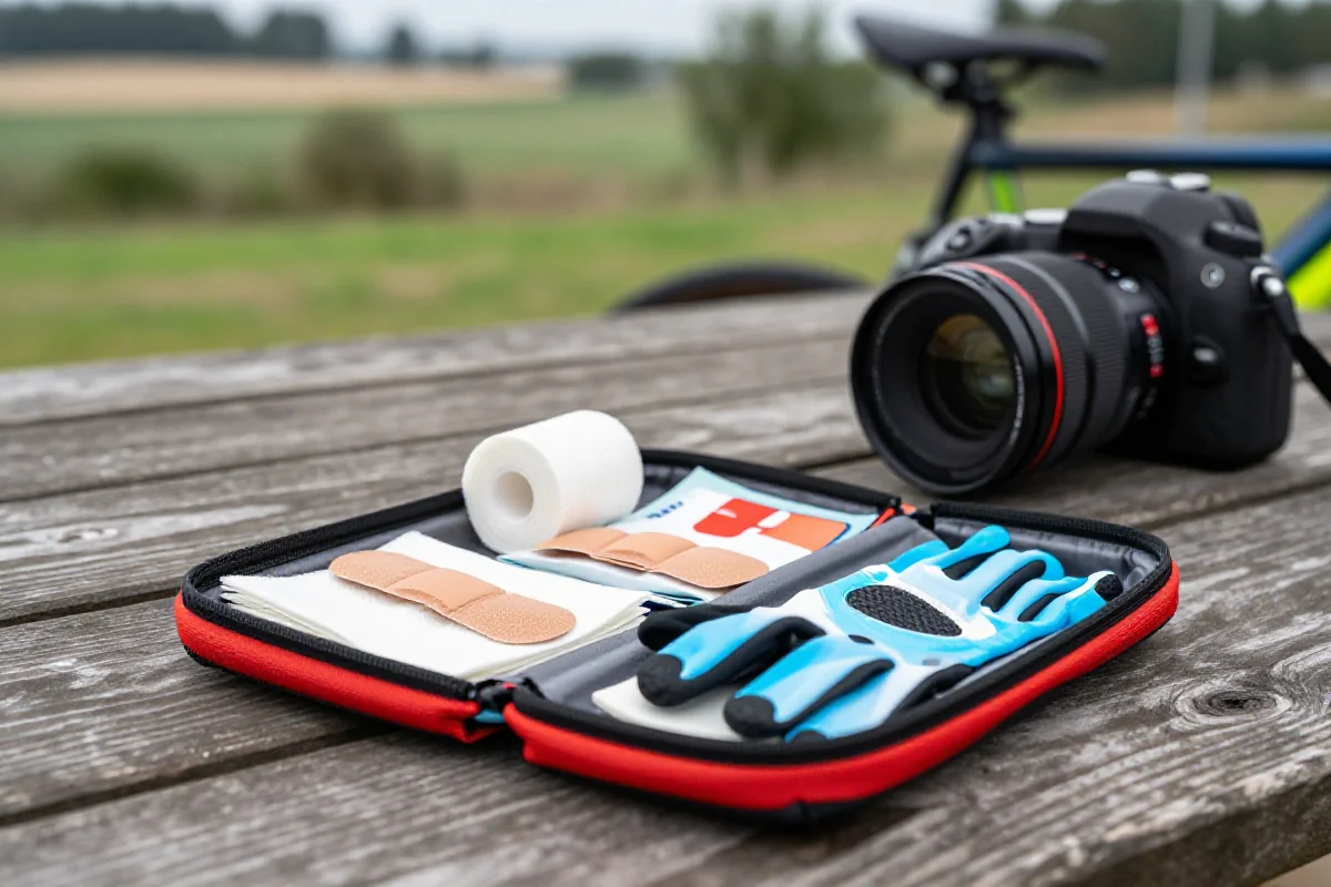 Minimalna apteczka rowerowa z niezbędnymi akcesoriami na wyjazd rowerowy.