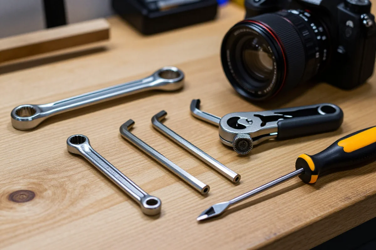 Niezbędne narzędzia do serwisu roweru górskiego na warsztatowym blacie.