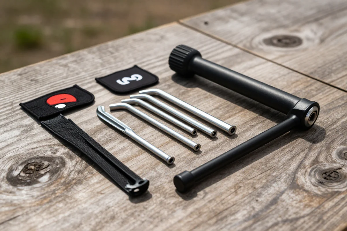 Narzędzia do naprawy roweru MTB na drewnianej powierzchni