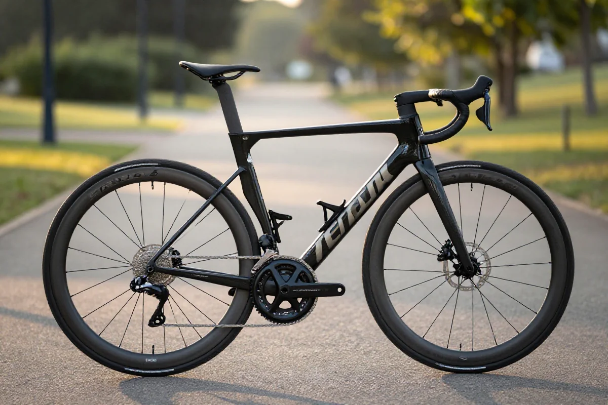 Rower szosowy z detalami komponentów na gładkiej nawierzchni asfaltowej.