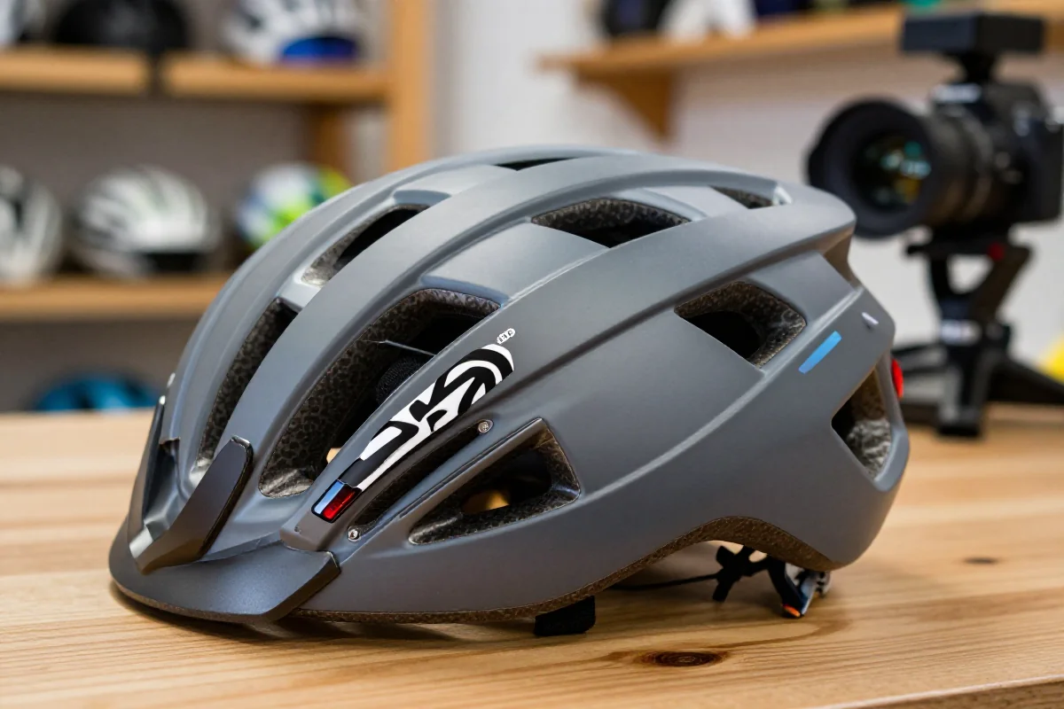 Wysokiej jakości kask rowerowy z technologią MIPS i WaveCel na stole warsztatowym.