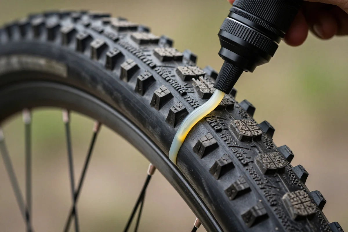 Zbliżenie na oponę MTB z aplikowanym uszczelniaczem tubeless.