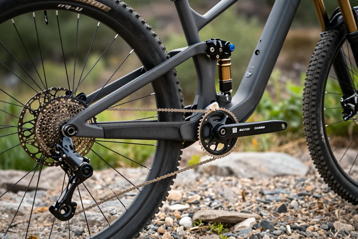 Zbliżenie na tylny system zawieszenia roweru górskiego w terenie.