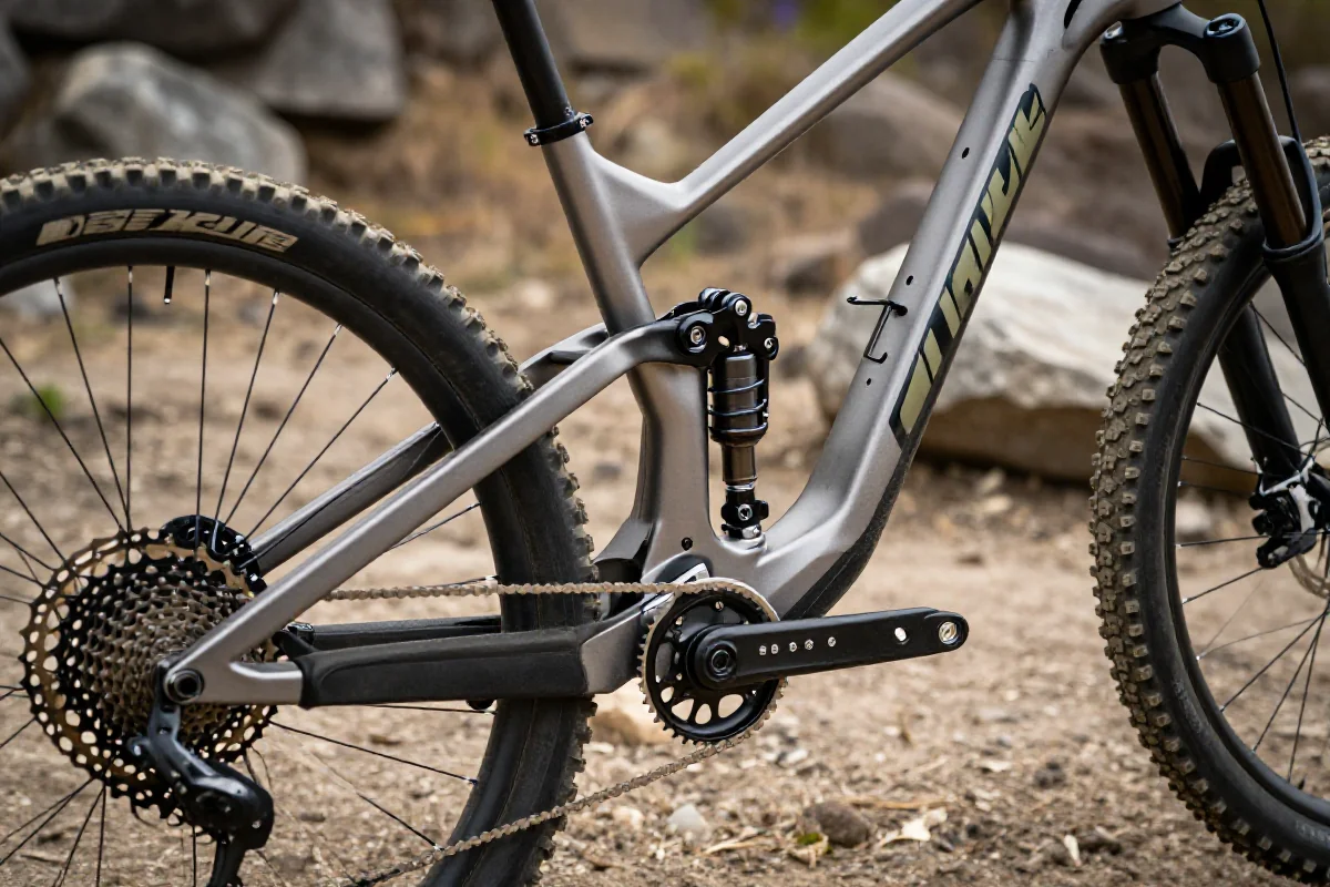 Szczegóły ramy roweru górskiego na tle naturalnego terenu