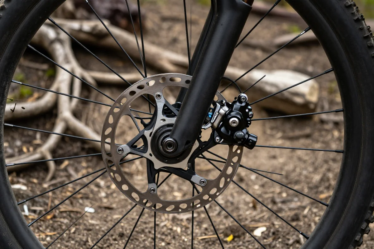 Zbliżenie na system hamulcowy roweru górskiego w terenie