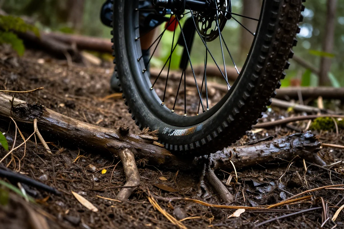 Rower górski na mokrych korzeniach, techniki jazdy w trudnych warunkach.