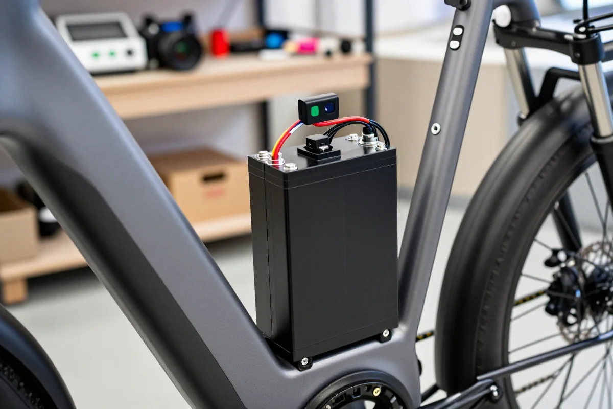 Akumulator litowo-jonowy w rowerze elektrycznym z detalami technicznymi.
