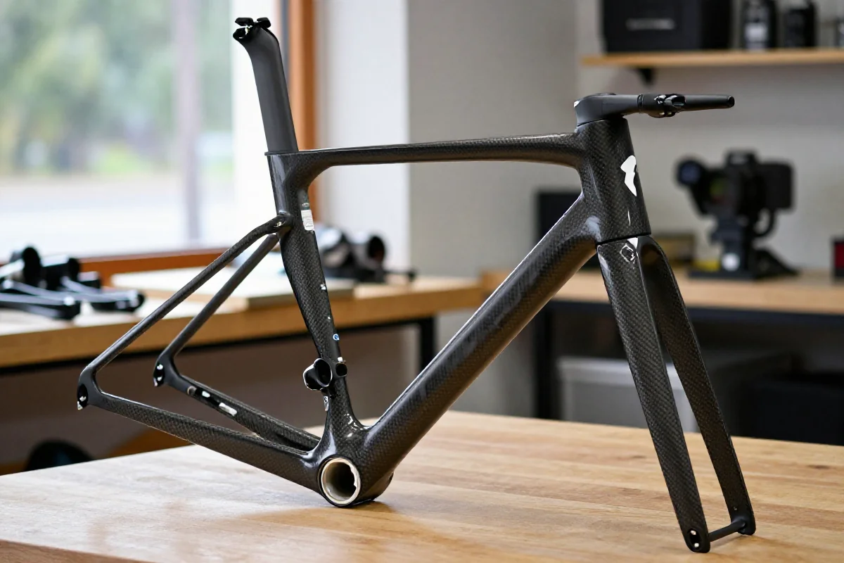 Zbliżenie na ramę roweru szosowego z włókna węglowego monocoque.