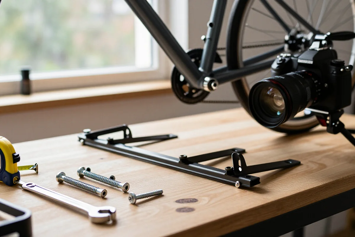Montaż bagażnika przedniego na rowerze miejskim w warsztacie.
