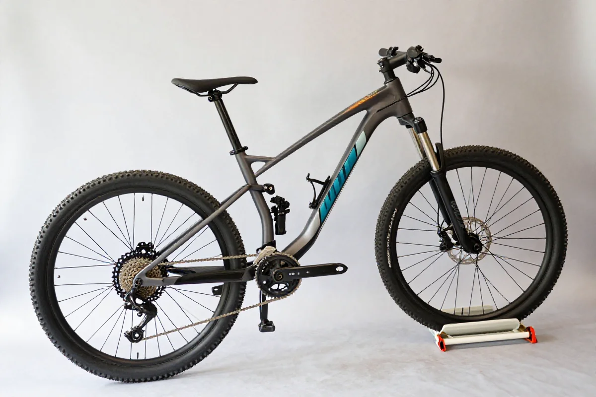 Złożony rower górski na płaskiej powierzchni, przygotowany do montażu.
