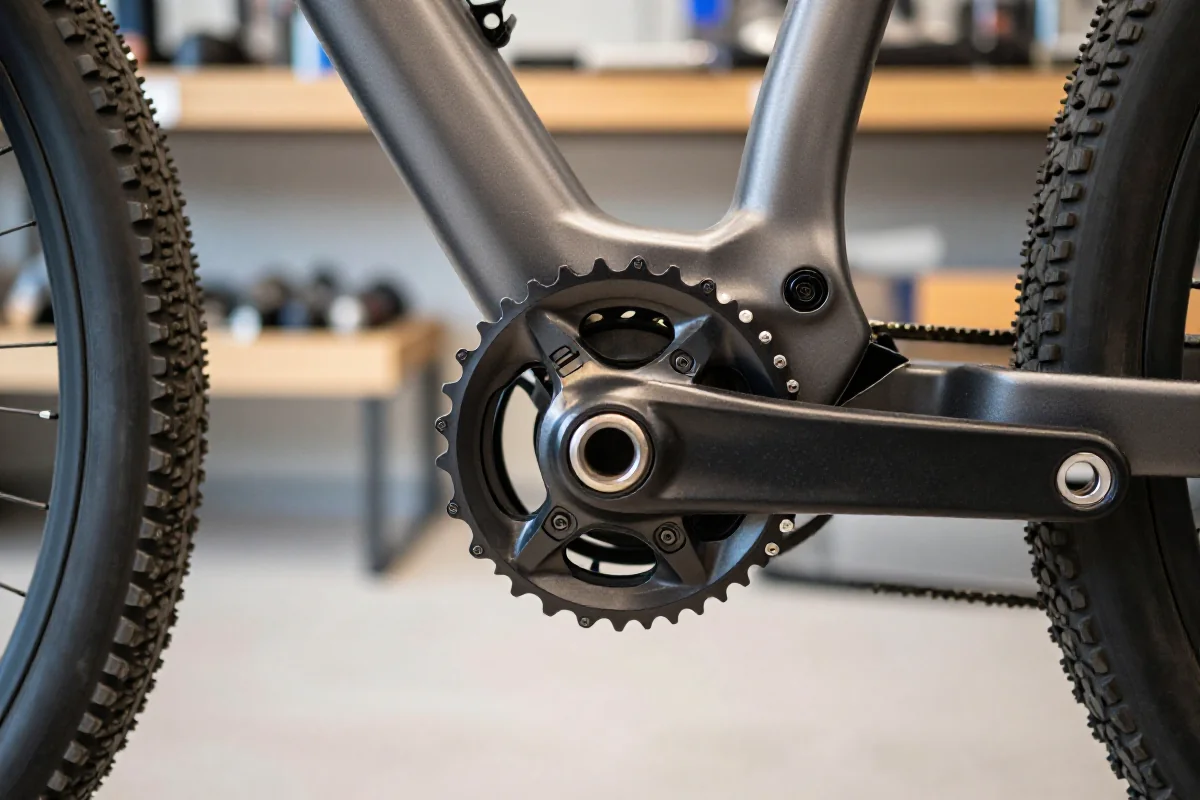 Montaż suportu DUB na ramie roweru górskiego w warsztacie