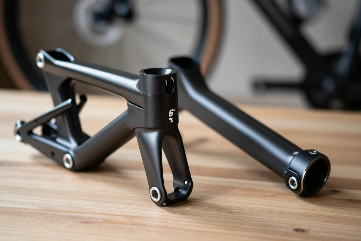 Mostek rowerowy o kącie +6° i -6° na tle drewnianej powierzchni