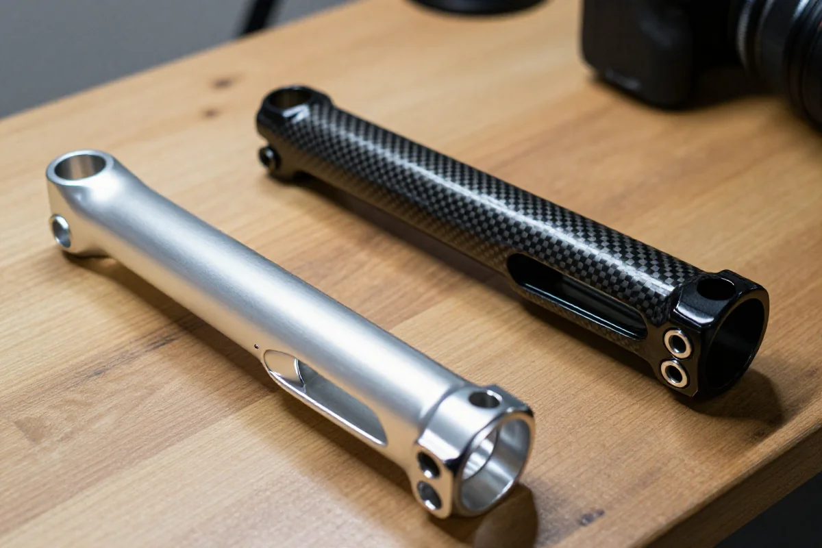 Porównanie mostków rowerowych 90mm i 100mm na warsztatowym blacie.