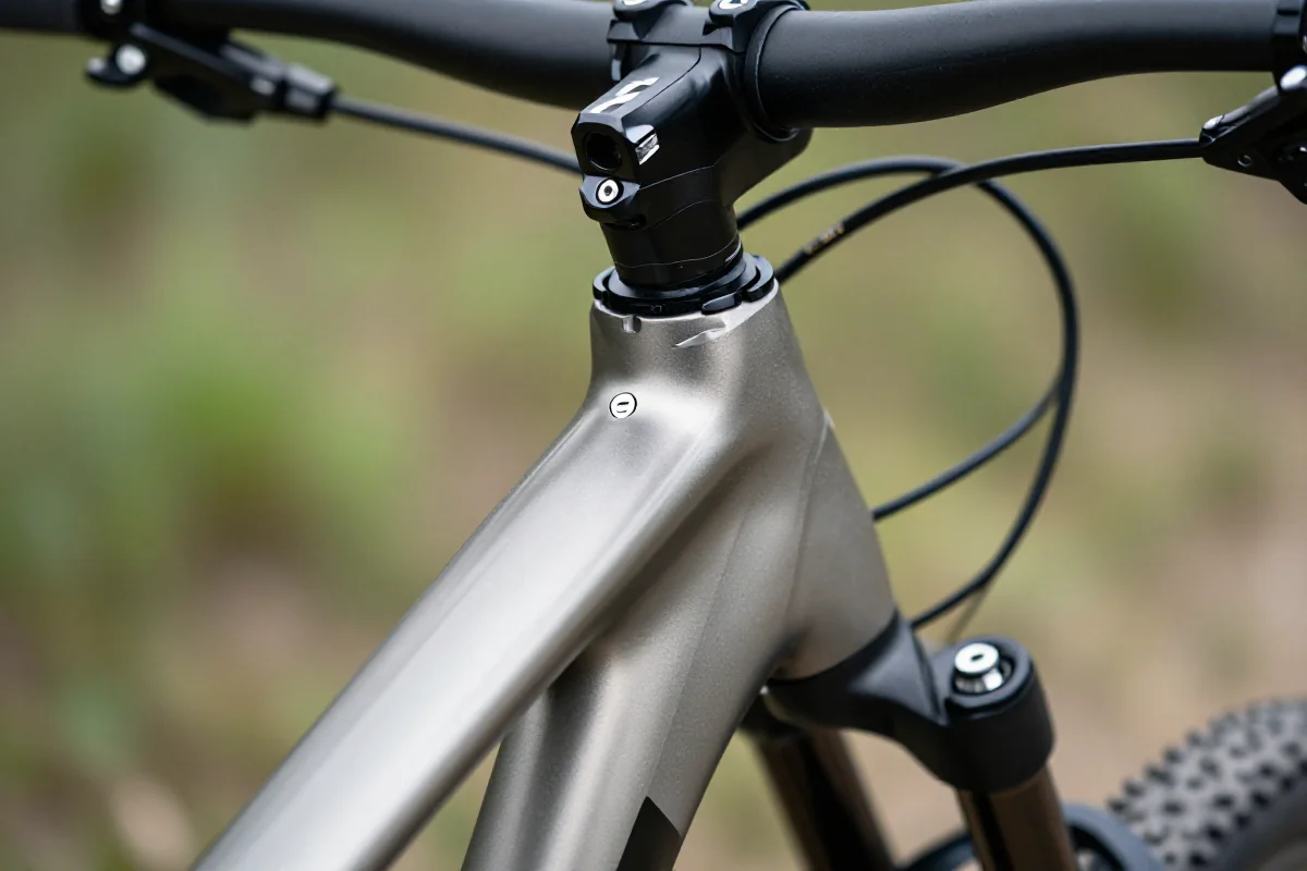 Nowoczesny mostek rowerowy MTB z aluminium, ukazujący szczegóły techniczne.