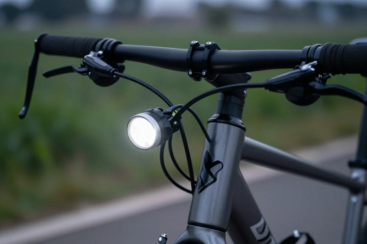 Montaż lampki przedniej na kierownicy roweru górskiego.