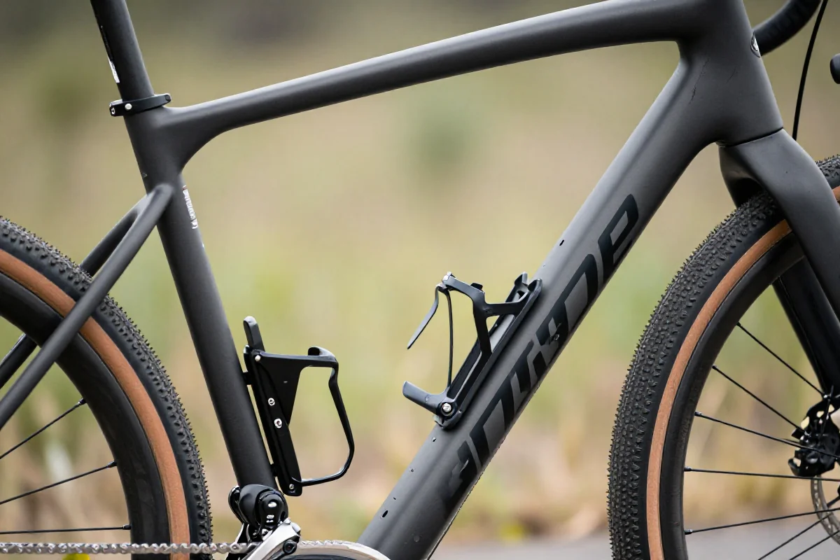 Zbliżenie ramy roweru gravel z punktami montażowymi na akcesoria.