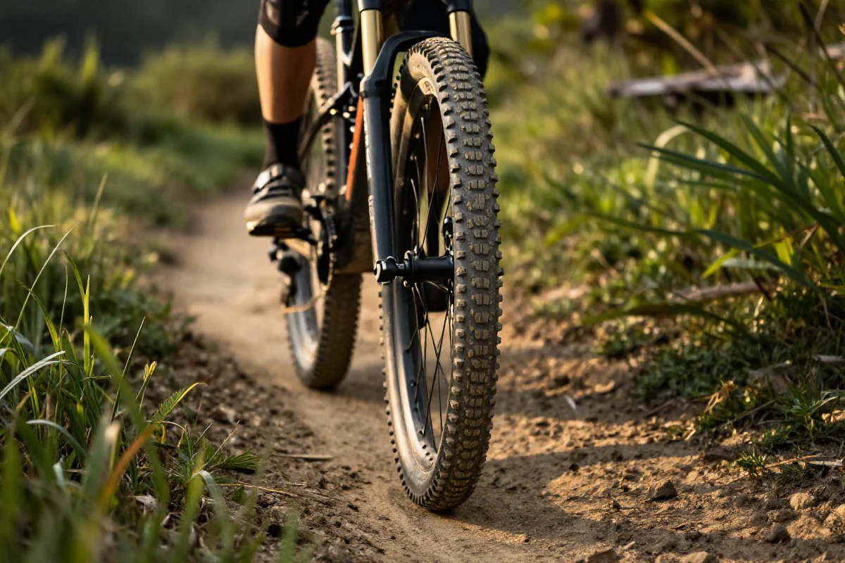 Bieżnik opony roweru górskiego na leśnym szlaku MTB